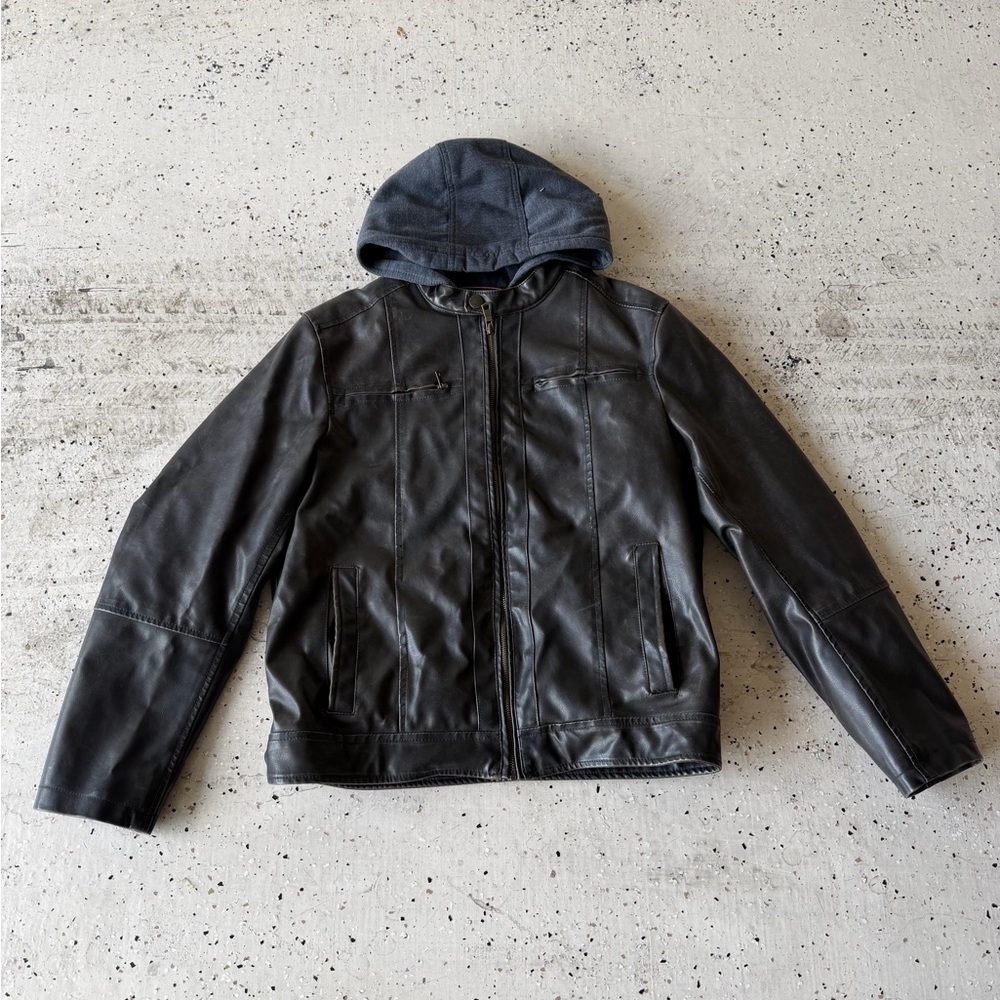 Tommy Hilfiger Black Leather Jacket with Blue Hood